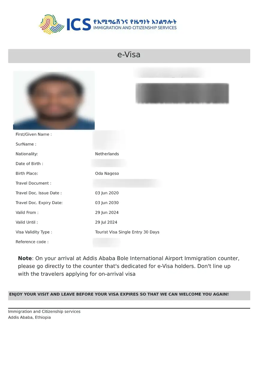 Sample Ethiopia eVisa issued by the Immigration and Citizenship Service